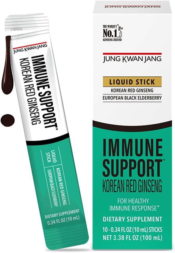 JUNG KWAN JANG Korea Red Panax Ginseng (800mg) dan Elderberry (469mg) Dukungan Ammune Setiap kali Ekstraksi Sticks, Suplemen Antioksidant untuk Kekebalian dan Harian, 10 Count