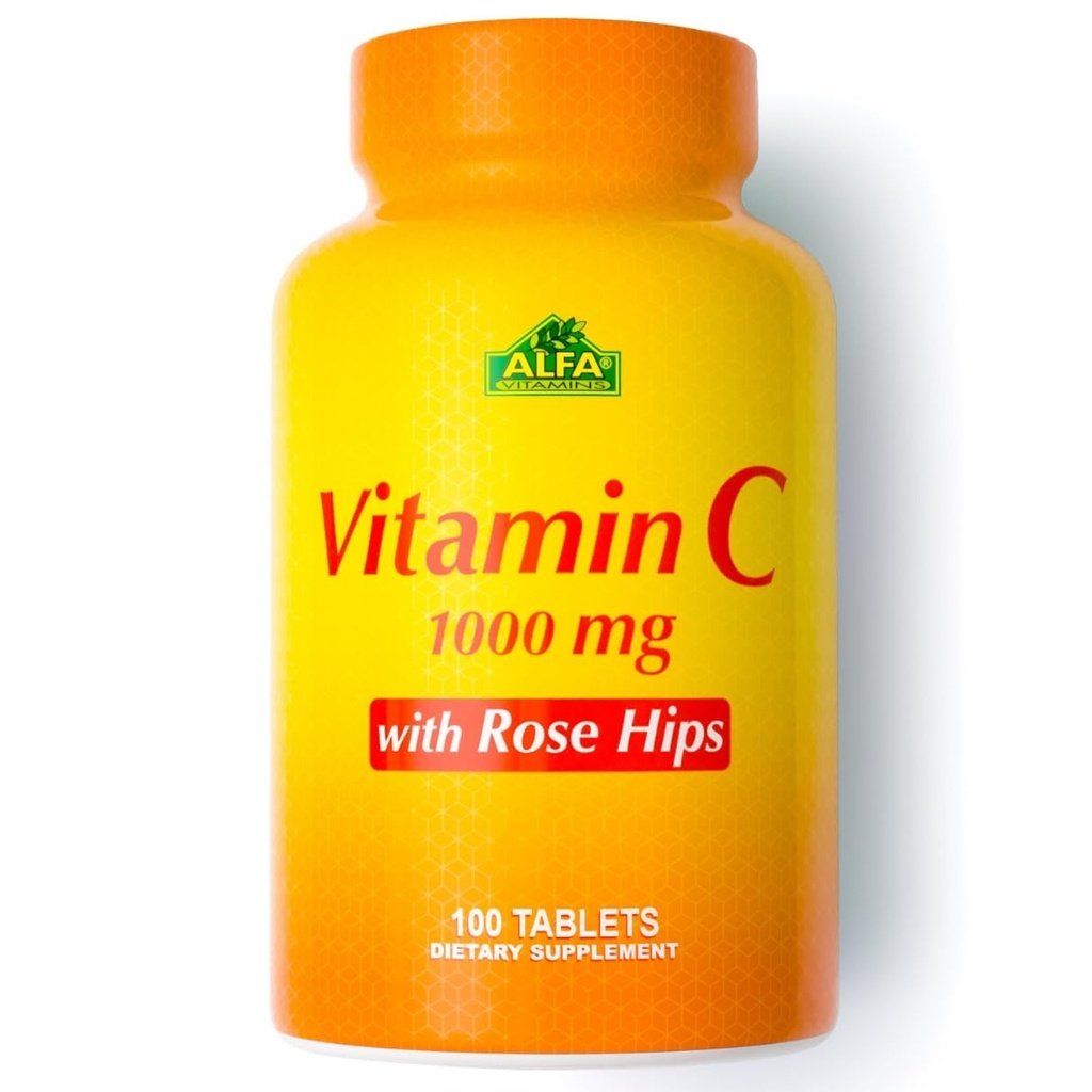 ALFA VTAMINS Vitamin C dengan Rose HIPS dengan 1000 mg Vitamin C per Serving - Antioksidant & Imune Dukungan + Supports Heally Skin & Joints - Non GMO, Vegan, Gluten Free, Dairy Free - 100 Tablet