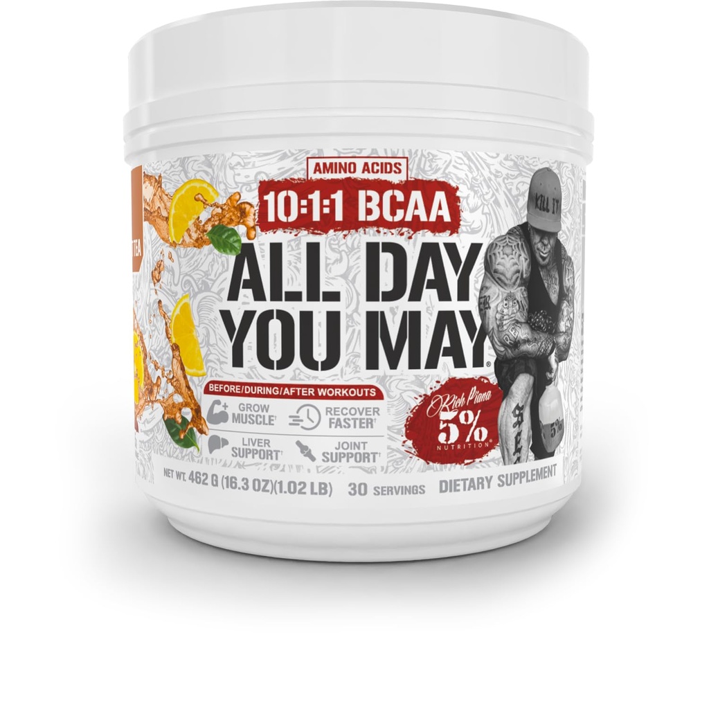 5% Nutrition Rich Piana AllDayYouMay BCAA Powder Premium Intra & Post Workout Acids, Hidration, Endurance, Muscle Recovery, Joint & Liver 124.3 oz, 30 Srvgs (Southern Sweet Tea)