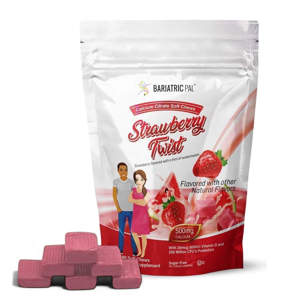 BariatricPal Sugar- Free Calcium Citrate Soft Chews 124; 500mg with Vitamin D & Progories 124; Strawberry Twist 124; 90 Count (1 Pasokan Bulan)