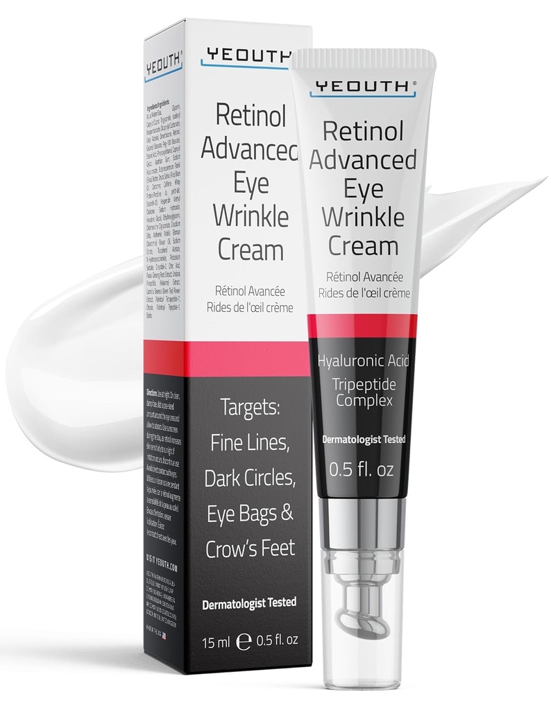 YEOUTH Retinol Eye Cream Anti Aging, Firming Under Eye Cream for Puffiniss and Bags Under Eyes for Wrinkles and Dark Circles with Hayaluronic Acid and Tripeptides 15ml