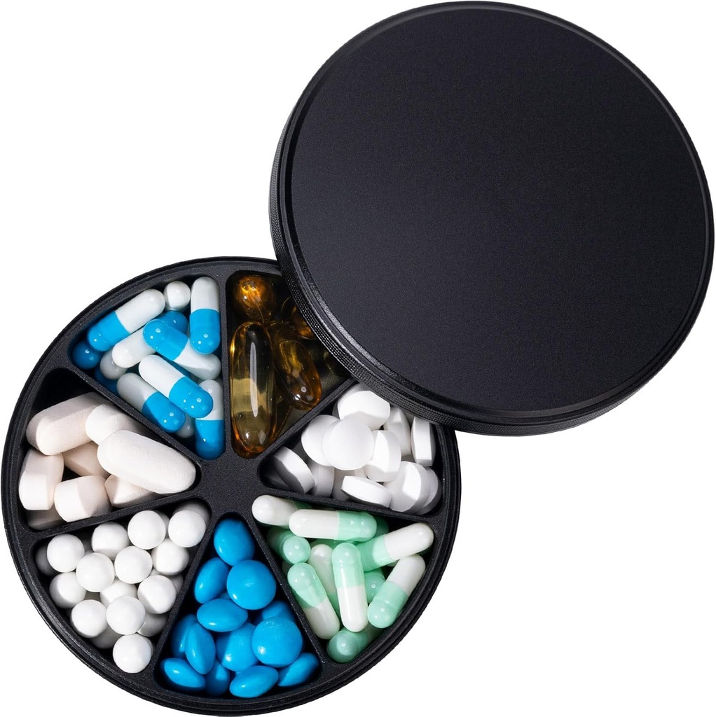 Metal Dispenser Pill Organizer with 7 Comments - Heavy Duty Anti-Mix Pill Container, Large Waterproof Daily Box Pill Case for Vitamin, Medicine, Suplemen, Fish Oil, 0.39lb (Black)