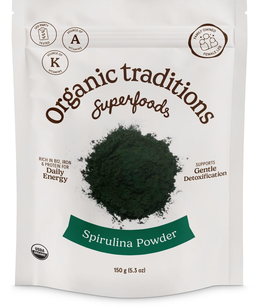 Tradisi Organik Spirulina Powder Vegan Non-GMO Superfood, 5.3oz (150g) Bag, 50 Servis per Bag