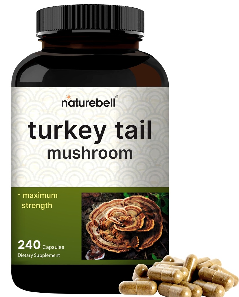 NaturreBell Tail Mushroom Capsules 15.000mg Per Serving, 240 Count 124; 25: 1 Fruiting Body & Myselium Extract - Imune & Brain Health Mushroom Supplemen.