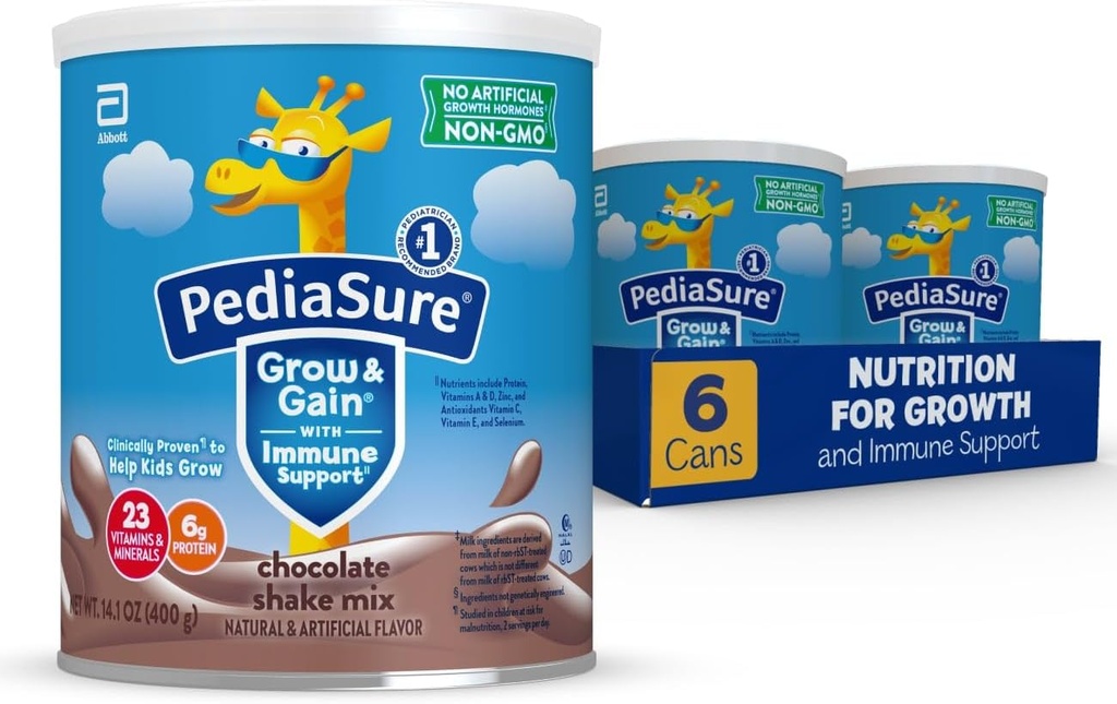 PediaSure Grow & Gain dengan dukungan Imune Shake Mix Powder, 23 Vitamin & Minemins, 6g Protein, Non-GMO, Glten- Free, Anak-anak Nutrition, Chocolate, 14.1 oz Can, pak 648 porsi