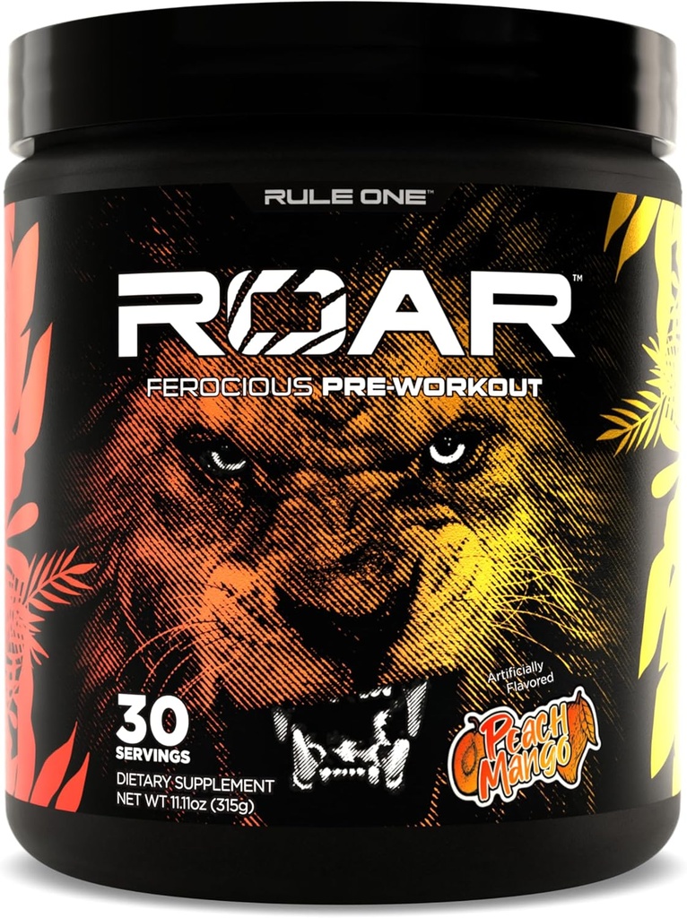 Rule 1 R1 Roar - Pre-Workout Powder dengan Creatine, Beta- Alanine, Citrulline, Electrolytes & Caffeine (30 Hamba, Peach Mango)