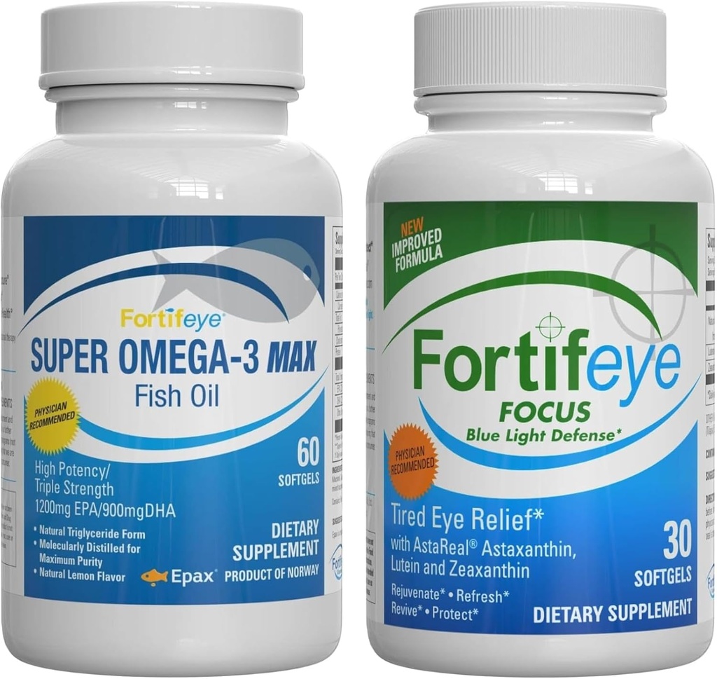 Fortifeye Blue Light dan Heart Health Support Bundle 124; Super Omega-3 Max Fish Oil, 60 Softgels, dan Fokus Blue Light Defense, 30 Softgels