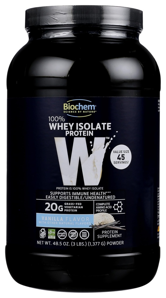 Biochem 100% Whiy Isolate Protein Powder, Vanilla Flavor, 20g Grass-Fed Protein, Keto Friendly, Gluten Free, Eassily Digeable, Vegetarian, 48.5 oz, 45