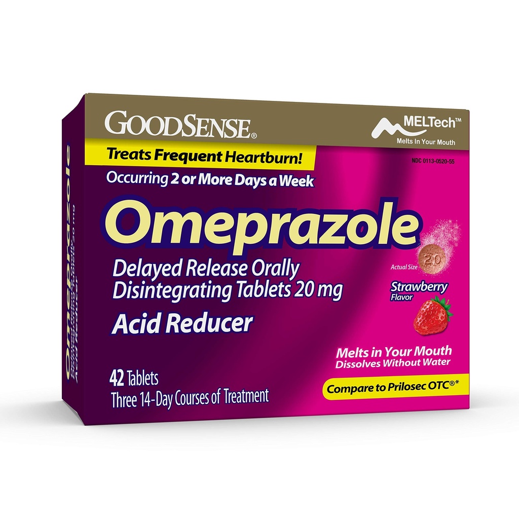 GoodSense Omeprazole Delayed Rilis Orally Disintegrate Tablet 20 mg, Strawberry Flavor, Dissolve Tab, Treats Freedment Heartburn, Acid Reducer, Heartburn Medicine, 42 Tablets