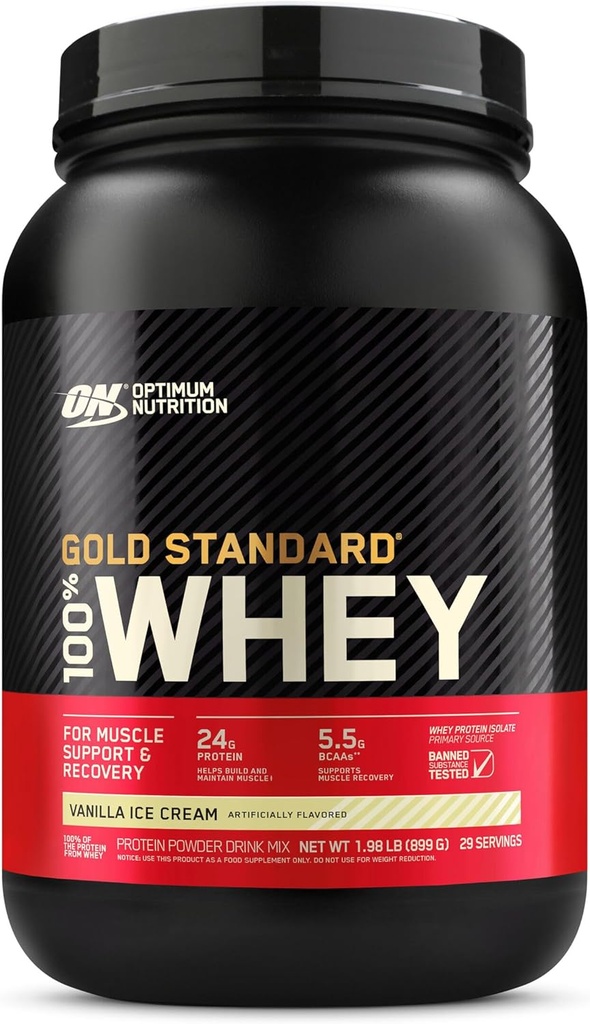 Optimum Nutition Gold Standard 100% Whiy Protein Powder dari Whey Isolates, Vanilla Ice Cream - 2 Pound
