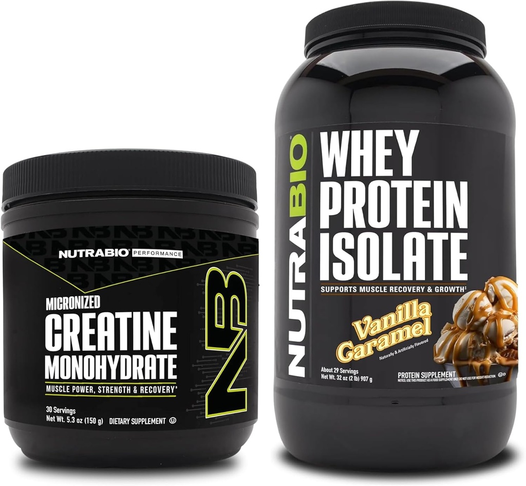 NutraBio Creatine Monohydrate, Unfeatored, 150g and Whey Protein Isolate, Vanilla Caramel, Supplemen Bundle - Muscle Energy, Lean Muscle Growth, Recovery, and Power