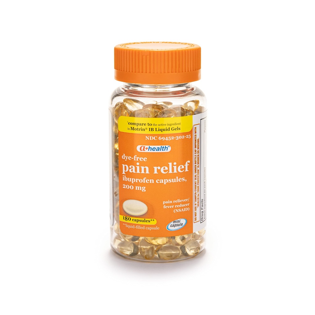 A + Health Dye- Free Ibuprofen 200 Mg Mini Softgels, Pain Reliever / Fever Reducer (NSAID), 180 Count