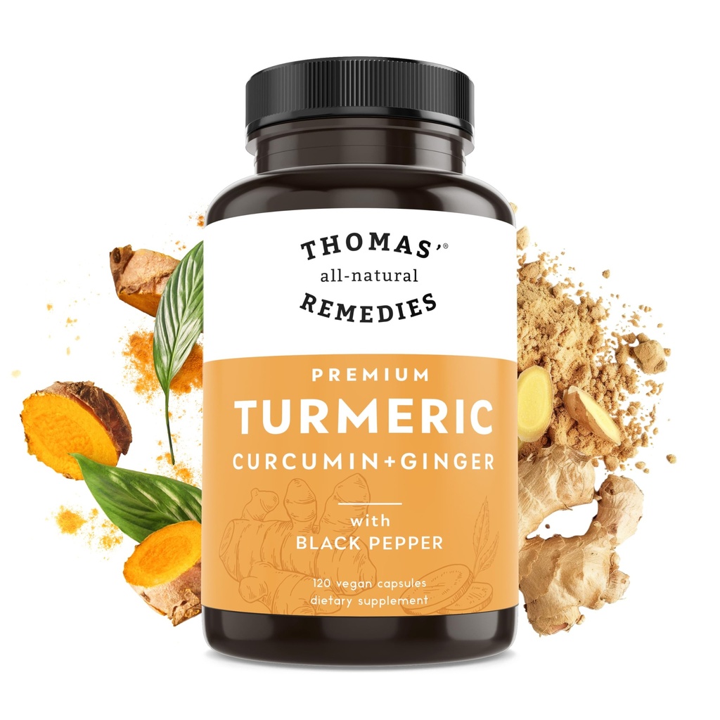 Thomas 'all- alami Remedies Turmeric Curcumin dan Ginger dengan Black Pepper, Organic Turmeric Dukung Support - 95% Curcumin - No pengisi, Vegan - 120ct