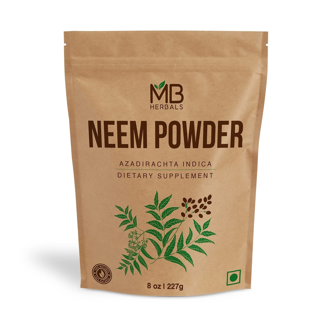 MB Herbals Pure Neem Powder 8 oz 124; 227 Gram / 0.5 LB Pure Wild- Crafted Neem Leaf Powder = 124; Suplemen Skin and Hair 124; Azadirachta Indica