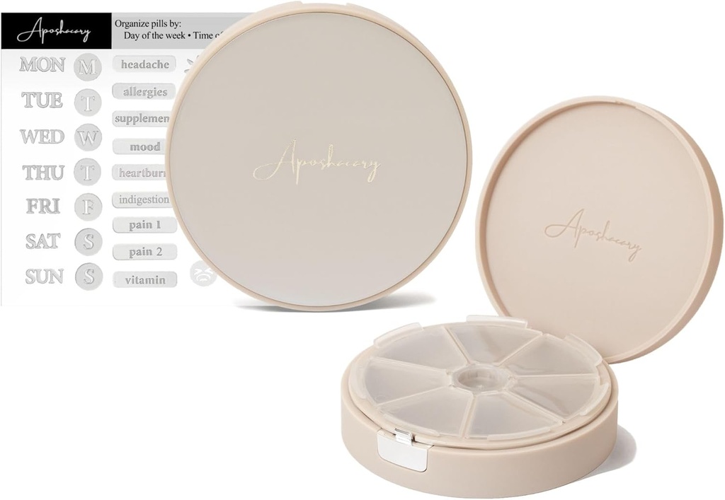 7 Kompartemen Pill Case, Pill Box, Daily Pill Organizer, Travel Pill Organizer, Medication Organizer, Pill Dispenser dengan Label Stickers (Pearl Cream)