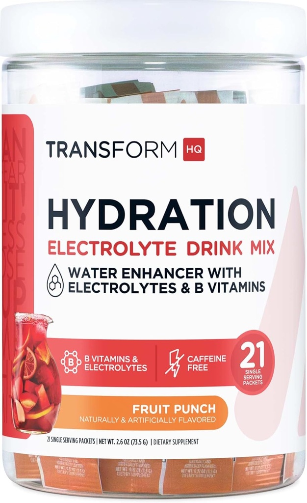 TransformHQ Hidration Drink Mix (21 Single-Serving Packets, Fruit Punch) - Hidration Suplemen Dicampur dengan Vitamin dan Elektrolit