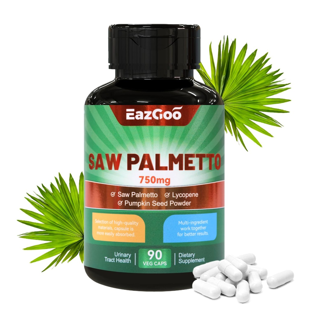 Saw Palmetto Suplement, Saw Palmetto Extract 750mg, with Lycopene, Pumpkin Seed Powder, for Men and Women, Non-GMO & Gluten, Vegan, 90 Count Capsules