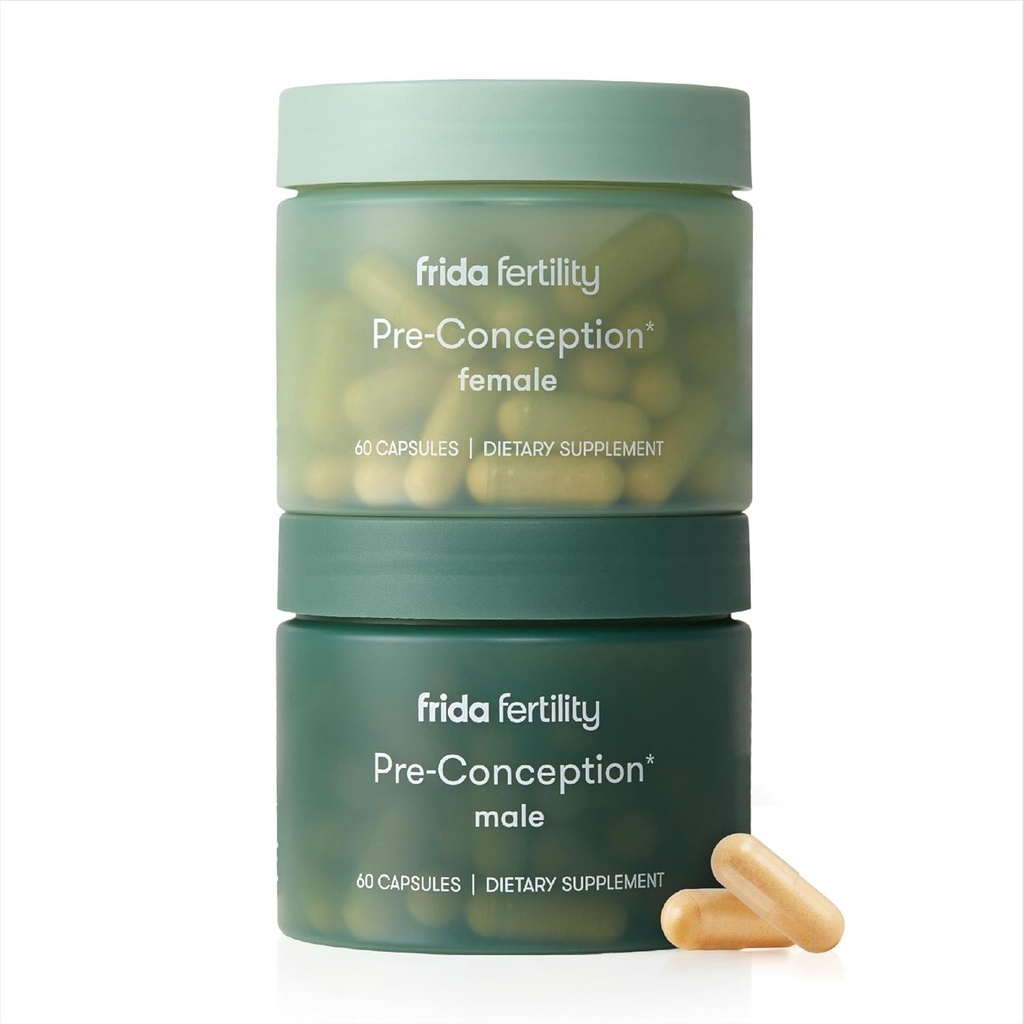 Frida Fertility Preception Suplement Set, Hers Daily Vitamin & Mintility for Fertility, Egg Supity & Sperm Health, Folic Acid, Inositol, CoQ10, 60 Capsules Each, 30 Day Suppply