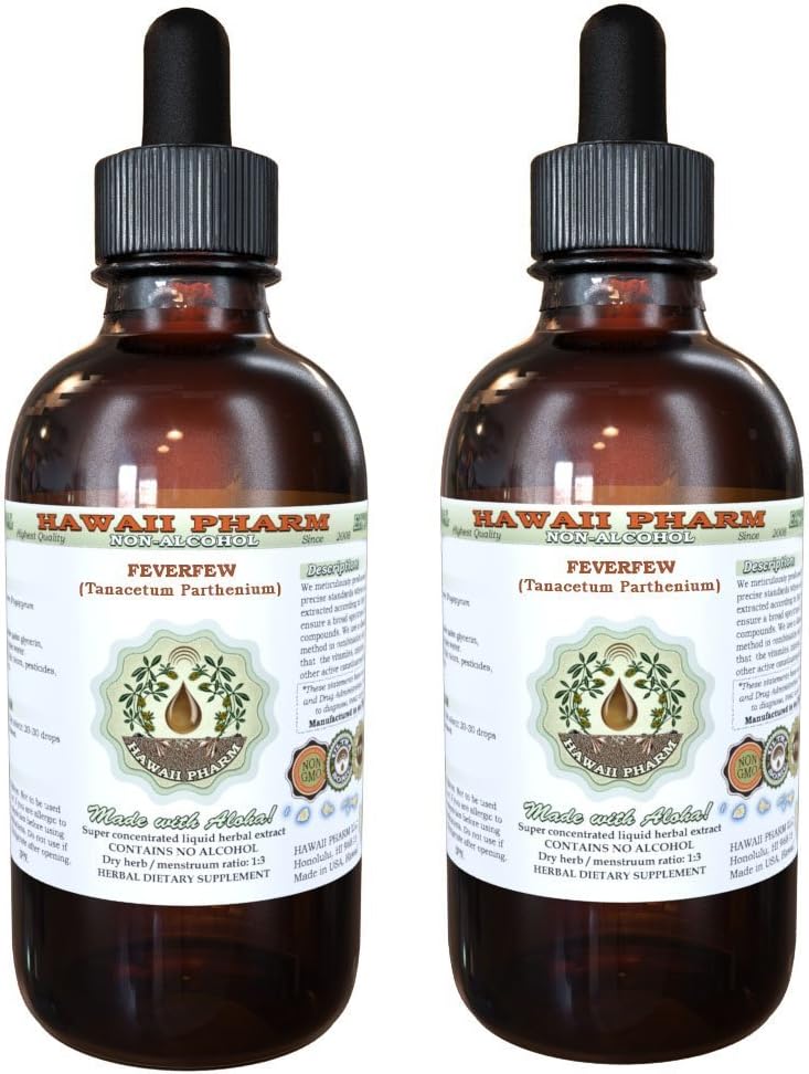Feverfew Alcohol- Free Liquid Extract, Organic Feverfew (Tanacetum parthenium) Dry Herb Glycerite Hawaii Pharm Natural Herbal Supplemen 2x4 oz