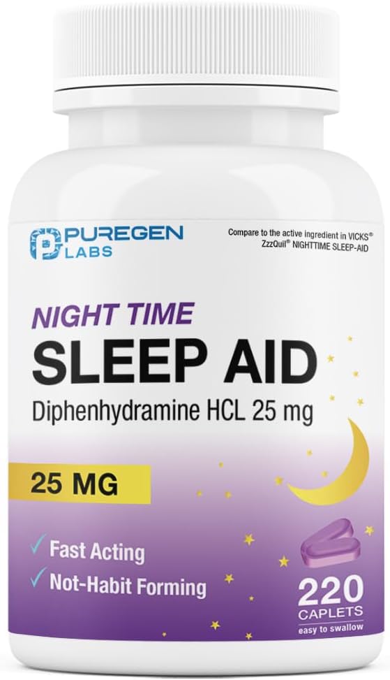 Puregen Labs Sleep Aid Caplets, Diphenhydramine HCI 25mg - 220 Count 124; Supports Deeper, Restful Sleeping, Non Habit - Forming 124; Dibuat di USA