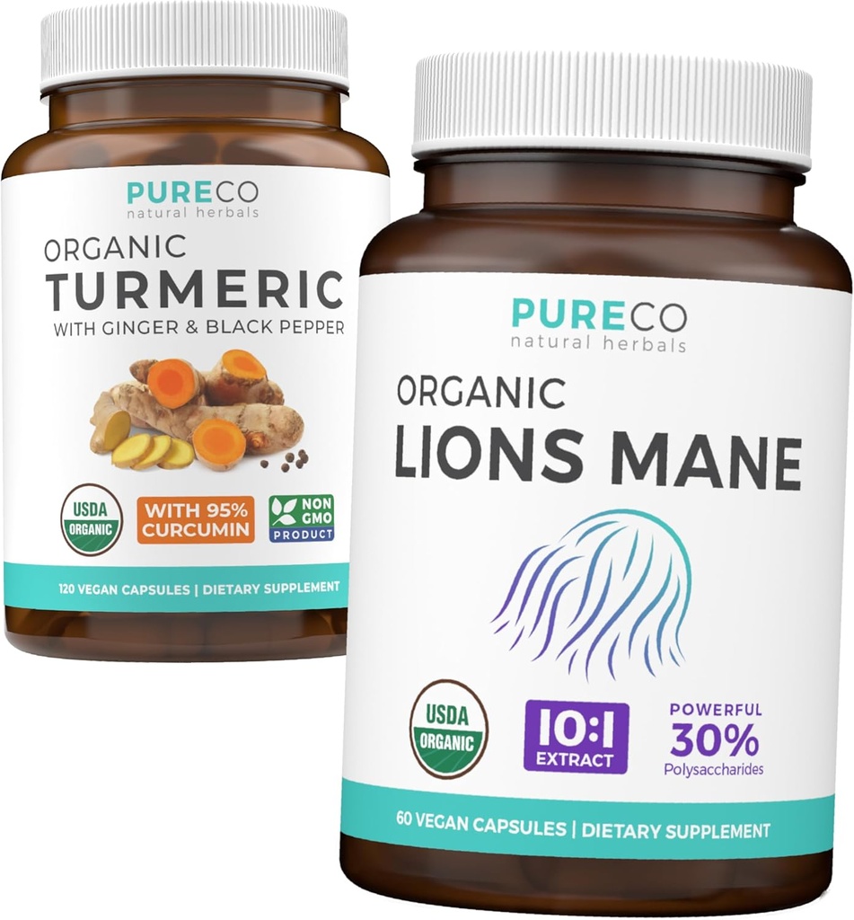 Turmeric & Lions Mane (1 - Bulan Supply) Mindful Turmeric Bundle of Organic Turmeric Curcumin with Black Pepper & Ginger (120 Caps) & Organic Lions Mane Mushroom 10: 1 Ekstrak (60 Caps)