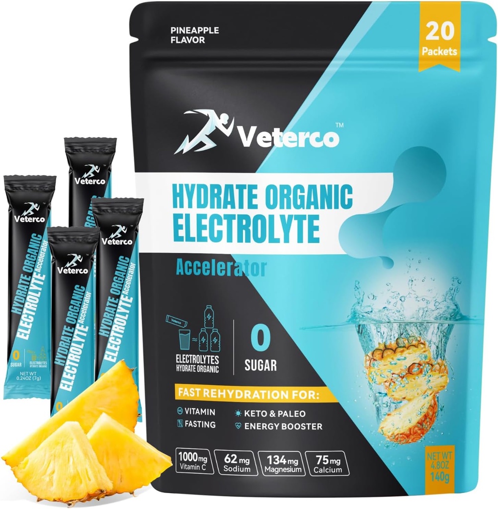 Hidration Electrolite Powder, Electrolite Drink, Hydration Supplemen Minum Mix, Paket Hidration dengan Vitamin & Mineral, Keto Friendly, Vegan, Non- GMO, No Sugar, Pineapple Flavor (20 Tongkat)