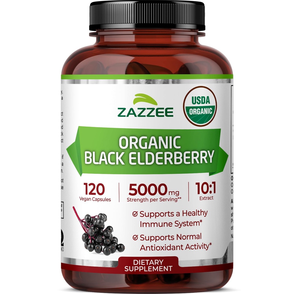 Zazzee USDA Organik Hitam Elderberry 10: 1 Ekstrak, 5000 mg Kekuatan, 120 Vegan Kapsul, 2 Bulan Suplai, Standardisasi, konsentrasi 10X Ekstrak, 100% Vegetarian, All- Natural, Non-GMO, dibuat di Amerika Serikat