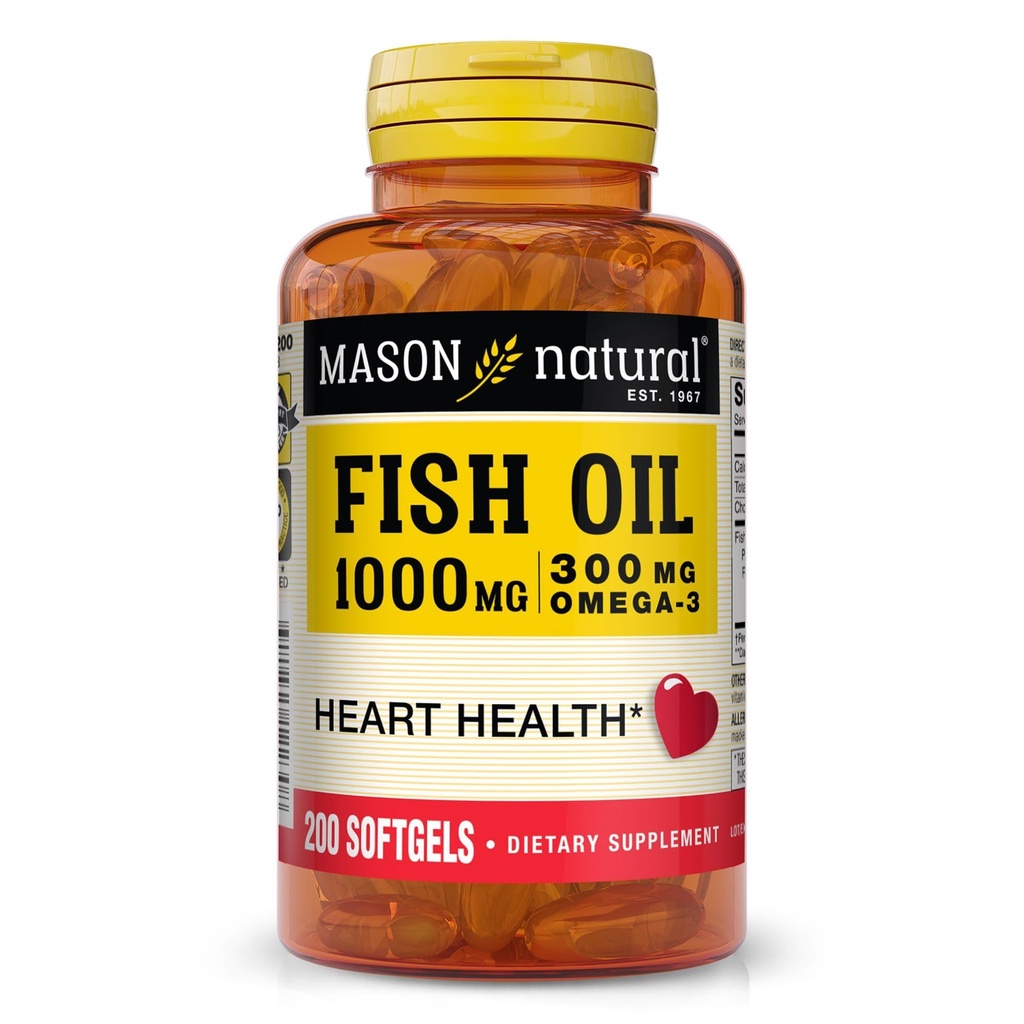 MASON NATURAL Omega, 3 Fish Oil, 200, Day Supply, 1000mg dengan EPA dan DHA untuk Dukungan Gabungan, Pil Softgel