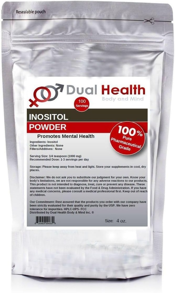 Dual Health Body & Mind Inositol Powder (4 oz) Pure Vitamin B8 Antioksidants Bulk Suplemen 1000mg per Serving