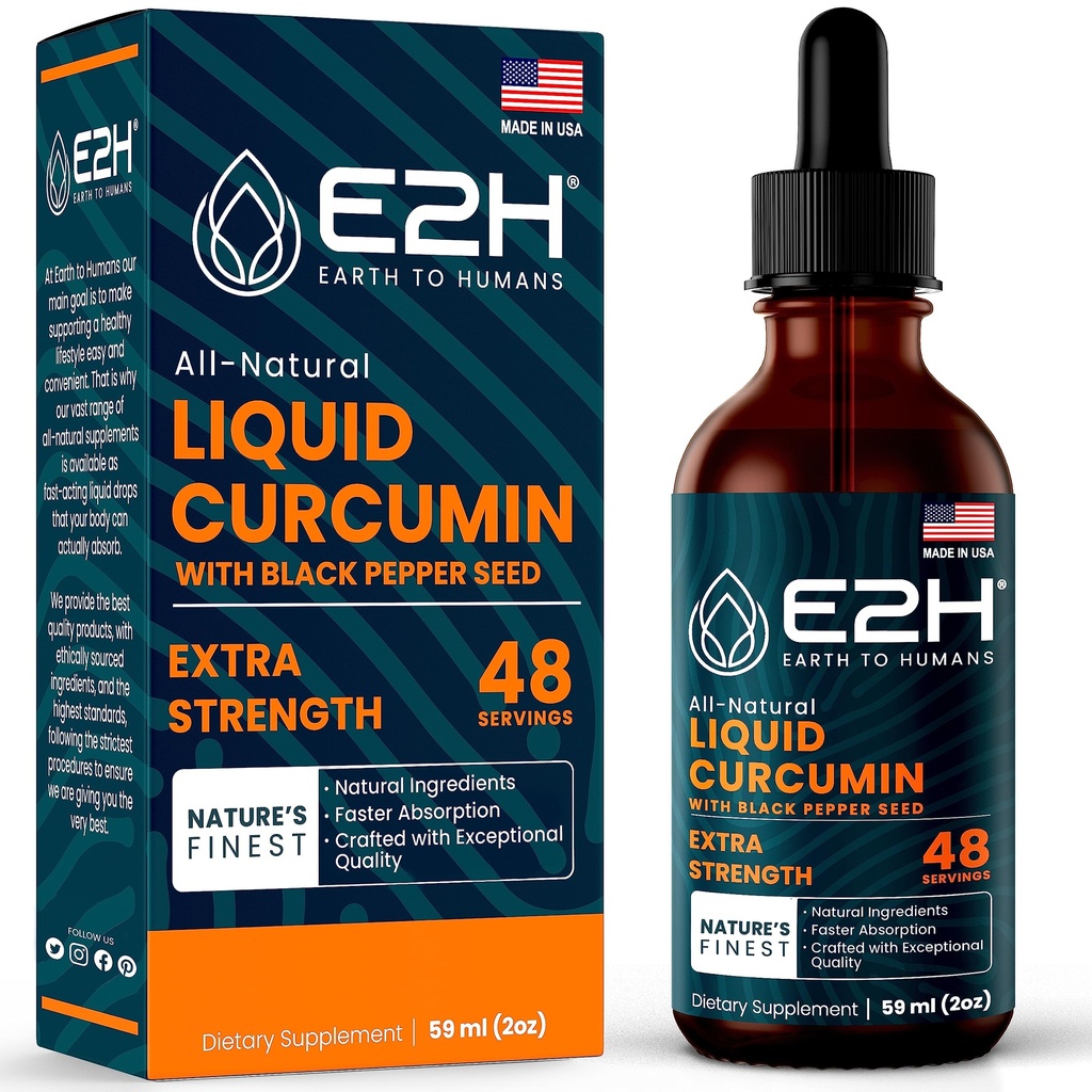 E2H Liquid Turmeric Curcumin for Better Absortion - Natural Root Extract with Black Pepper Seed - Boost Your Health - Vegan - Non-GMO - 2 Fl Oz