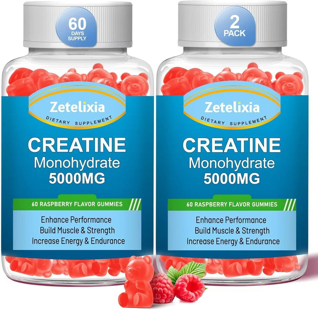2 Pack Creatine Monohydrate Gummies, Creatine Monohydrate for Men & Women, Enhanced Formula with BCAA, Vitamin B12, Taurine, Muscle During, Energy Boost, Sugar Free, Vegan, 120 Count