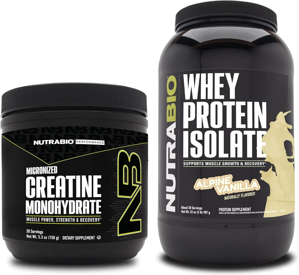 NutraBio Creatine Monohydrate, Unfeatored, 150g and Whey Protein Isollate, Alpine Vanilla, Supplemen Bundle - Muscle Energy, Lean Muscle Growth, Recovery, and Power