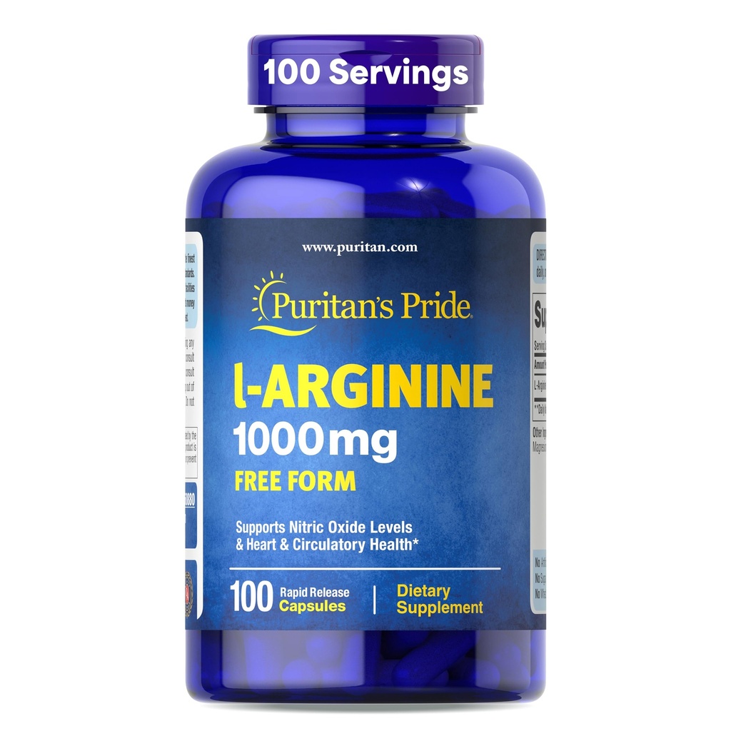 Puritan 's Pride L- Arinine 1000mg, Dietary Supplement Support Nitric Oxide Levels and Heart and Circulation Heath, 100 Day Supply, 100 Tablet