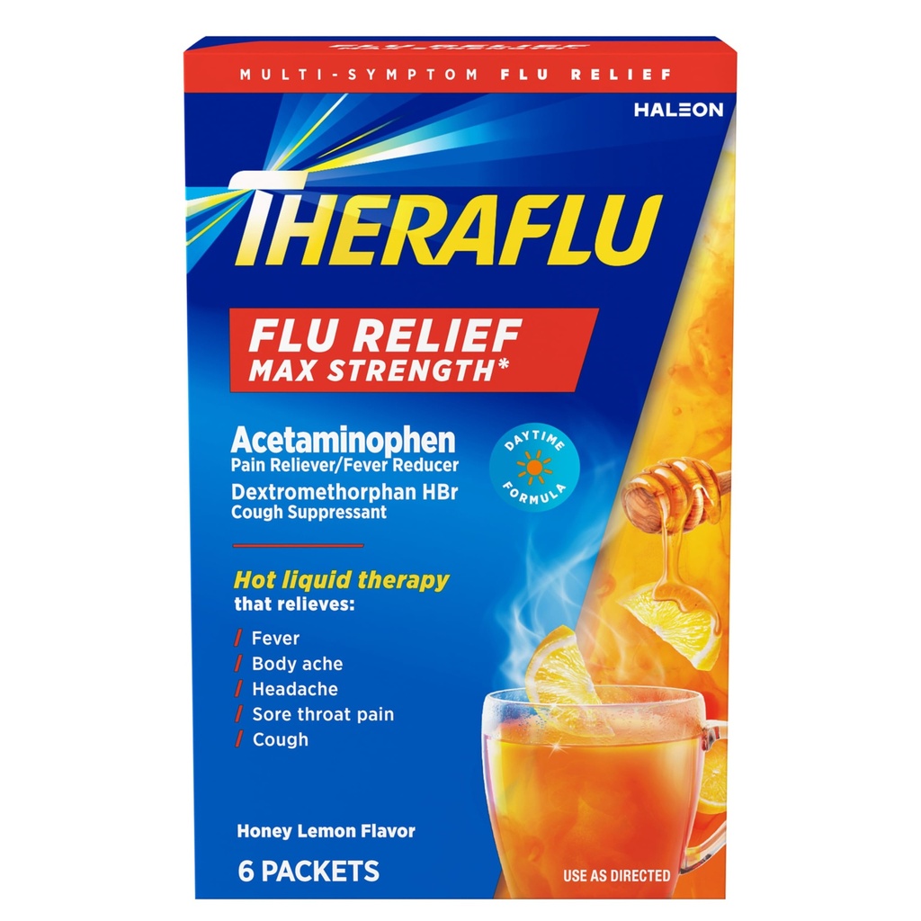 Theraflu Max Power Daytime Flu Medicine untuk Flu Symptom Relief dengan Acetaminophen dan Dextromethorphan HBr, Honey Lemon Flavored - 6 Powder Packet