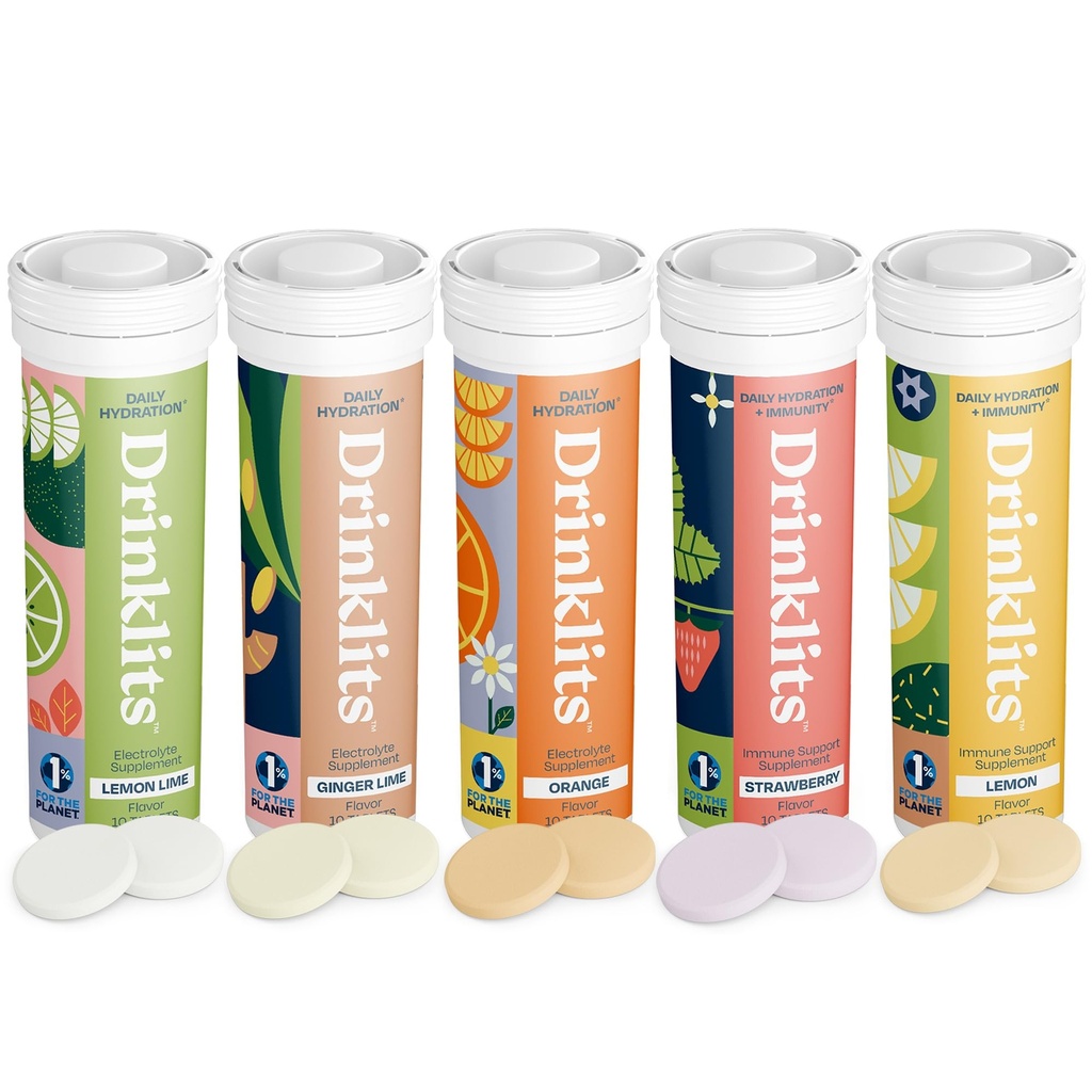 Drinklits Daily Hydration + Imune Dukung (5) Flavor Combo Pack 12.4; Tasty Fruit Flavors - 0g Sugar - Daily Use 124; 5 Tubes / 50 Servings (10 Tablets Per Tube)