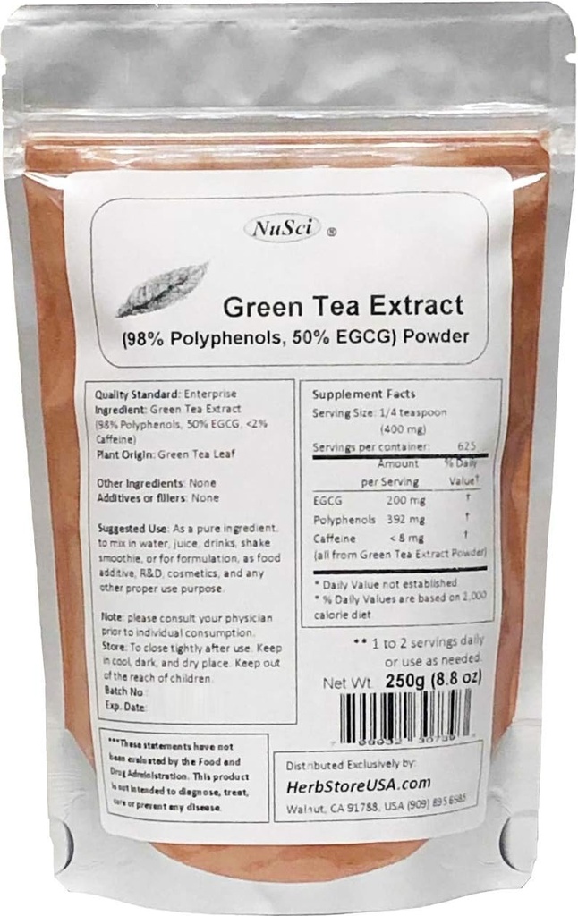 Green Tea Extract Bulk Powder Standardied 98% Polyphenols dan 50% EGMO Free Non- Irradiated (250 Grams (8.8 oz))