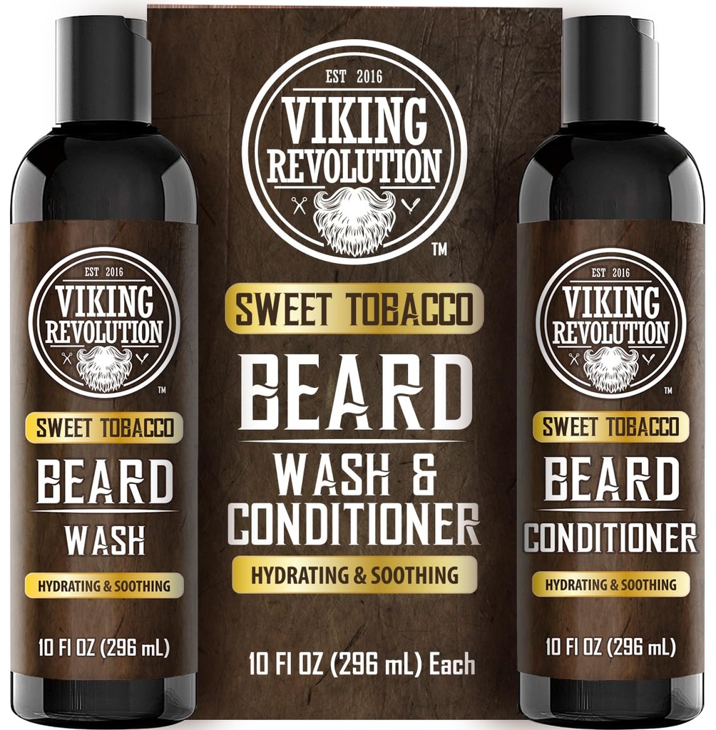Viking Revolution Beard Wash and Beard Conditioner for Men with Argan Oil and Jojoba Oil - Beard Softtener and Strengthener Beard Care Shampers and Conditioner with Beard Oil (10oz, Sweet Tobacco)
