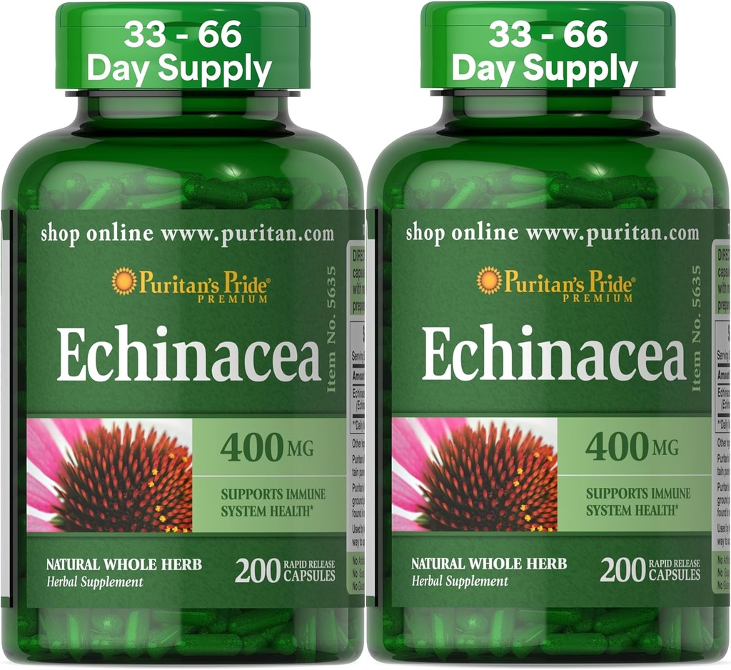 Puritan 's Pride Premium Echinacea Natural Whole Herb Herbal Suplement 400mg, Dietary Suplemen Kesehatan, Imune System Dukungan, 200 Rapid Rapid Rilis Kapsul, 2 Pack