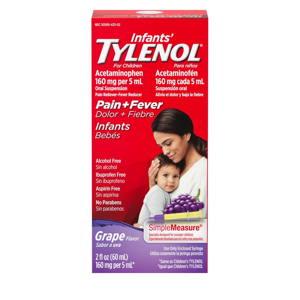 Obat Penahan Sakit dan Demam Penyakitnya, Oral Suspension, Acetaminopren untuk Sore Throat, Headache & Teething, Reliver Pain & Fever Reducer for Kids; Grape Flavor, 2 kaki.; Paket 1