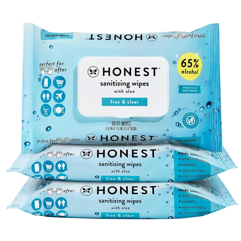 The Honest Company Fragrance- Free Sanitizing Alcohol Wipes, Antibakteri Hand Wipes with Aloe, Kills 99% of Germs, Safe for Hands, 150 Count (3 Paket 50)