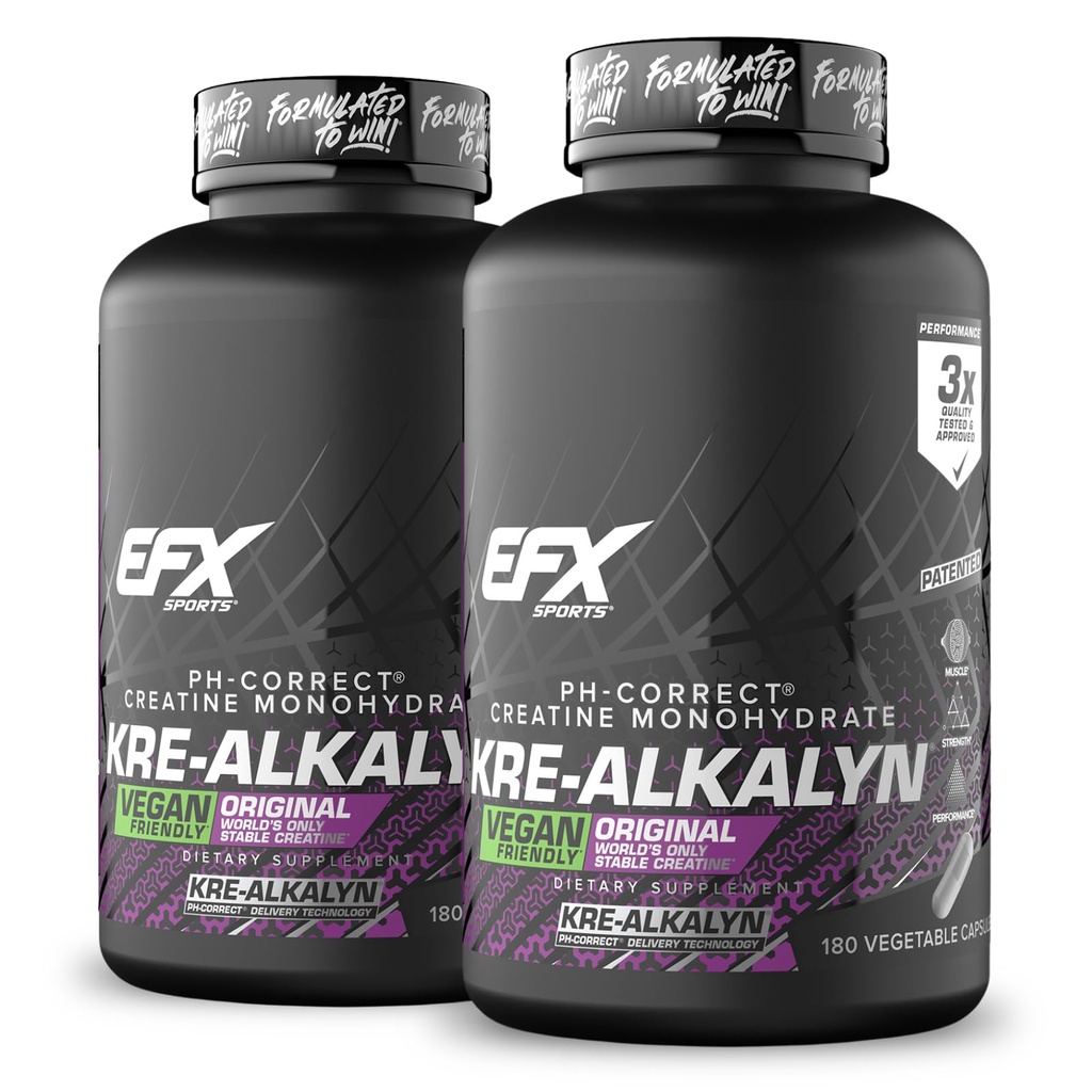 EFX Sports Kre-Alkalyn EFX 124; pH Benar Creatine Monohydrate Pill Suplement; Vegan Friendly 124; Kekuatan & Muscle Growth 124; 90 Servings, 180 Vevgie Capsules (Paket 2)