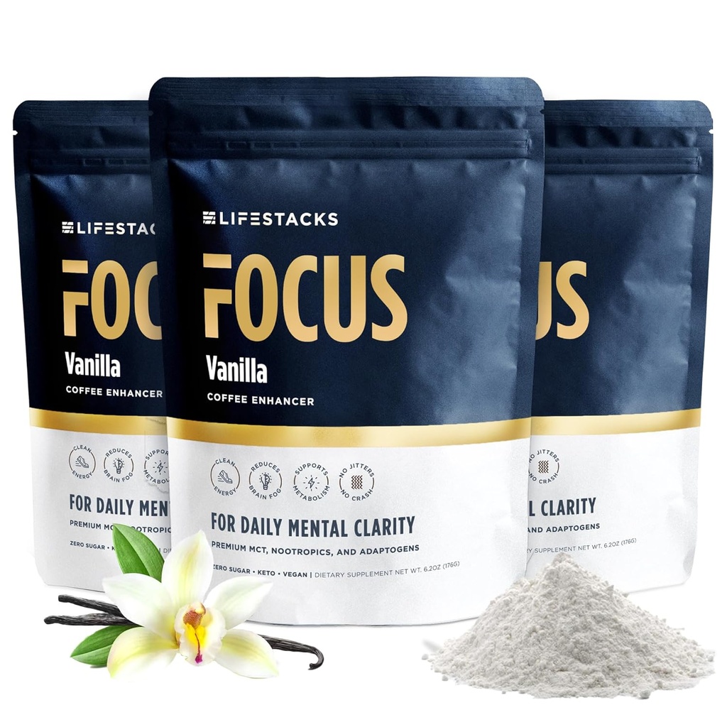 Vanilla MCT Oil 3- Pack - Boost Energy & Clarity - MCT Powder + Nootropics + Adaptogens untuk Elevated Coffee Experience - Keto, Vegan, 0 Sugar - dengan Taurine, L-Tyrosine, Rhodiola & More