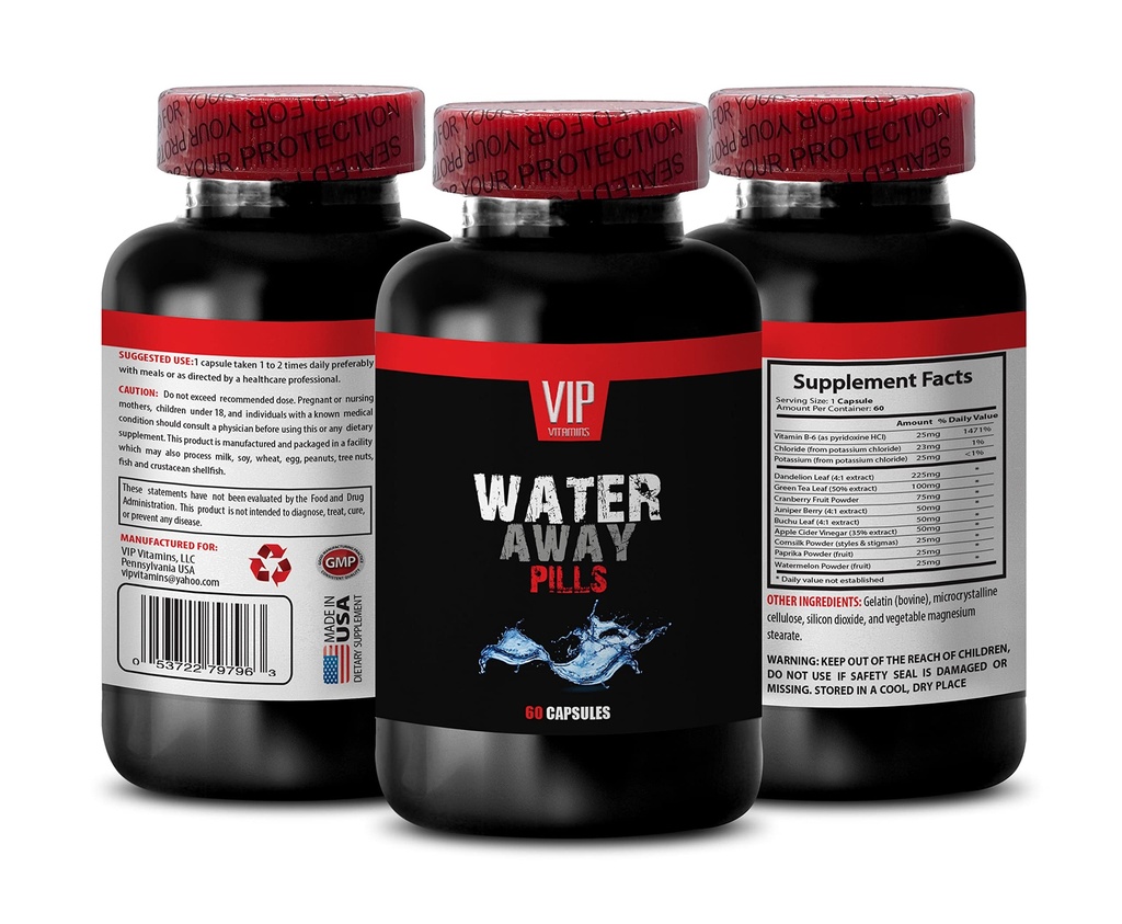 Dukungan saluran urinary - AIR AWAY PILLS - Semangka, Dandelion, Paprika, Potusium, disiretika untuk retensi air di kaki dan kaki, pil air diuretik, suplemen diuretik, 1B 60 Caps