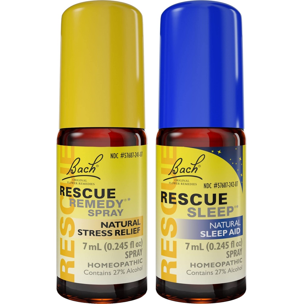 Day & Night Bundle, Bach RESCUE REMEDY Spray, Natural Stress Relief [dan] RESCUE SLEEP Spray, Natural Sleep Aid - 2- Pk, Homeopathic Flower Essence, Vegan, 7ML Ea