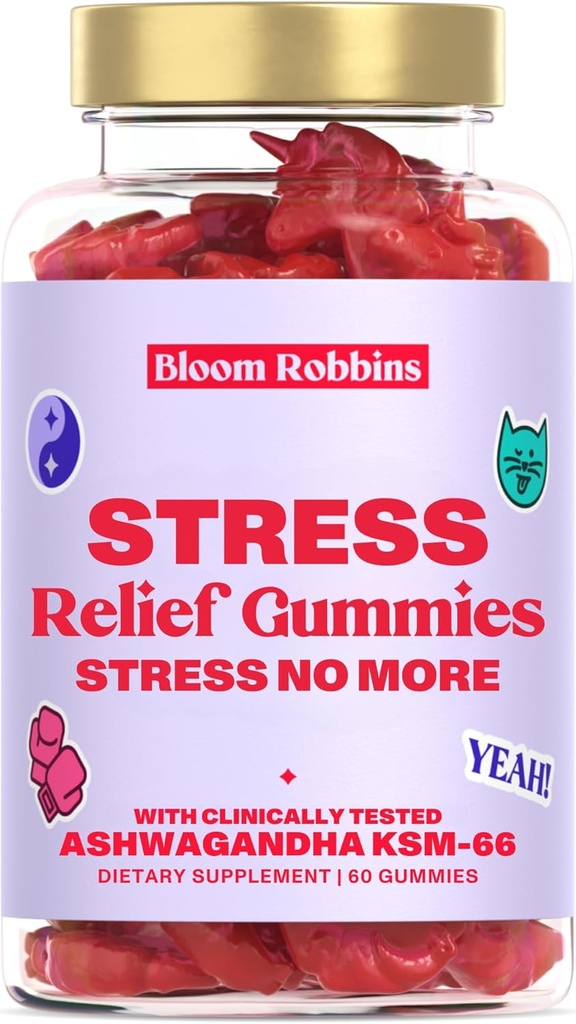 Ashwagandha Gummies - Stress Relief Gummies dengan Ashwagandha KSM-66 & Lemon Balm Extract - Stres Gummies & Calm dengan KSM-66 - Vegan Relaxasi Ashwaganda (60count)