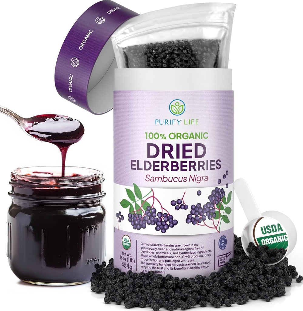 USDA Organic Dry Elderberry 1lb Bulk (Safst Packaging, Refaable Bag, BPA-Free Scoop) Natural, non-irradiated, Raw Whole Black Elderberry, Imune Dupport, Make Sambucus Elderberry Syrup, 1 Pound