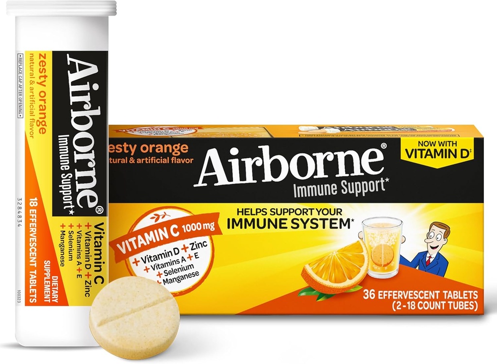 Vitamin C 1000mg (servis) - Airborne Zesy Orange Effervescent Tablet (36 dihitung dalam kotak), Gluten- Free Imune Supplemen Dengan Vitamin A C E, ZINC, Selenium, Echinacea & Ginger