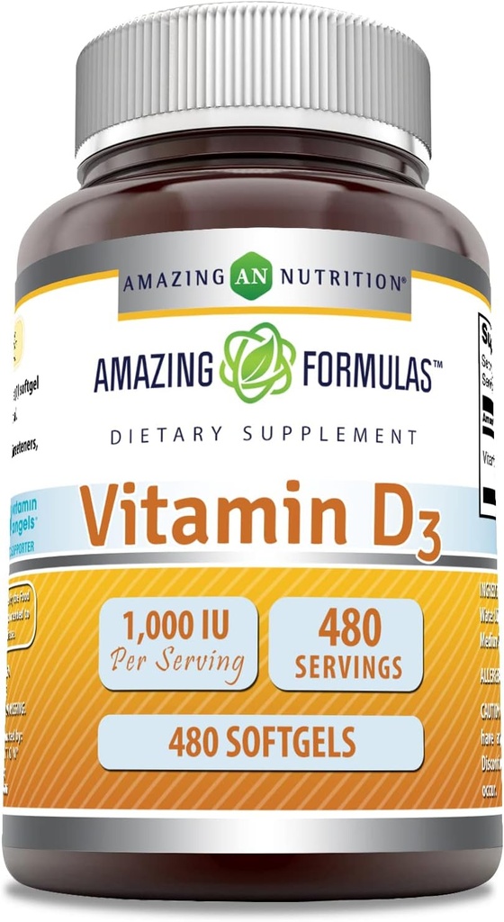 Amazing Formulas Vitamin D3 1000 IU Softgels Suplement (1 Pack 124; None-GMO 124; Gluten Free Alag 124; Dikemas di AS) AS (1 Pack 124; 480 Cacah)