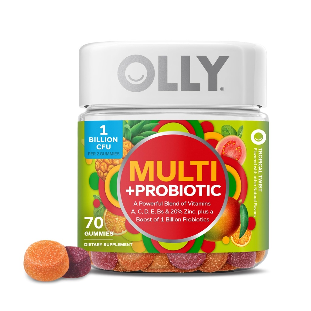 OLLY Multi + Probiotic Dewasa Multivitamin Gummy, Digeptical and Immune System Suplemen, * Chewable Supplement, Tropical Flavored, 35 Day Suppply - 70 Count