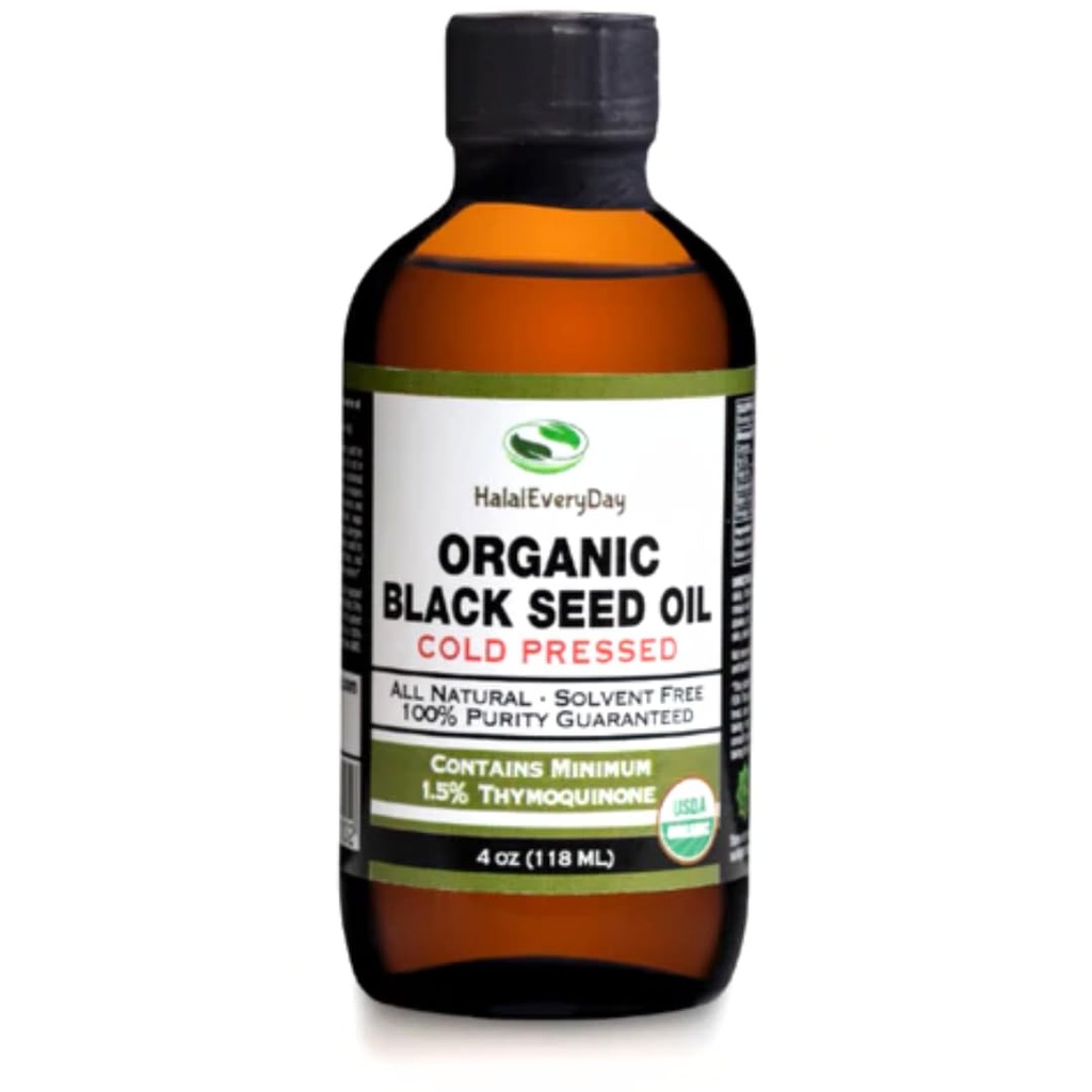 Oil Benih Hitam Organik - USDA Tersertifikasi Dingin Botol Kaca Lebih dari 1,5% Thymoquinone 3X Kekuatan Hitam Cumin Nigella Bukan-GMO 100% Minyak Blackseed Murni (4oz Glass Bottle)